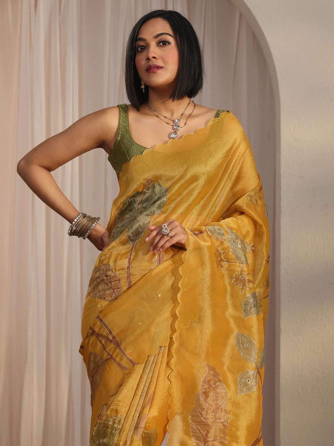 Libas Mustard Floral Printed Mirror Work Silk Blend Saree with Scalloped Border