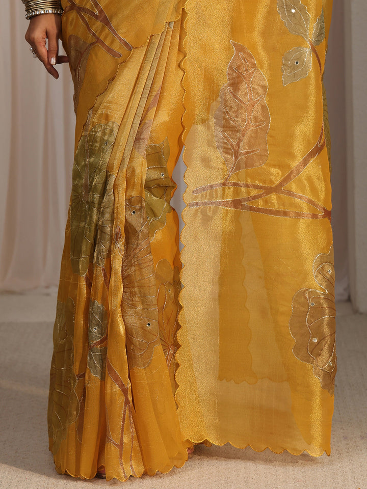 Libas Mustard Floral Printed Mirror Work Silk Blend Saree with Scalloped Border