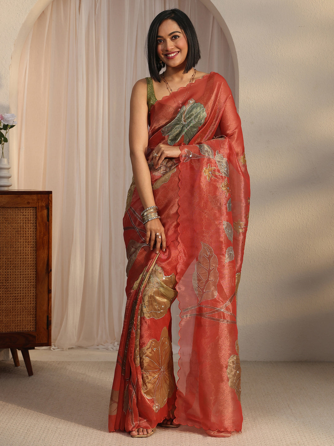 Libas Rust Floral Printed Mirror Work Silk Blend Saree with Scalloped Border