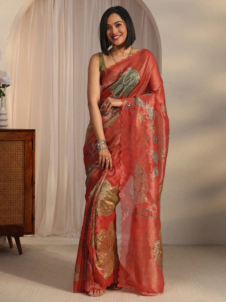 Libas Rust Floral Printed Mirror Work Silk Blend Saree with Scalloped Border