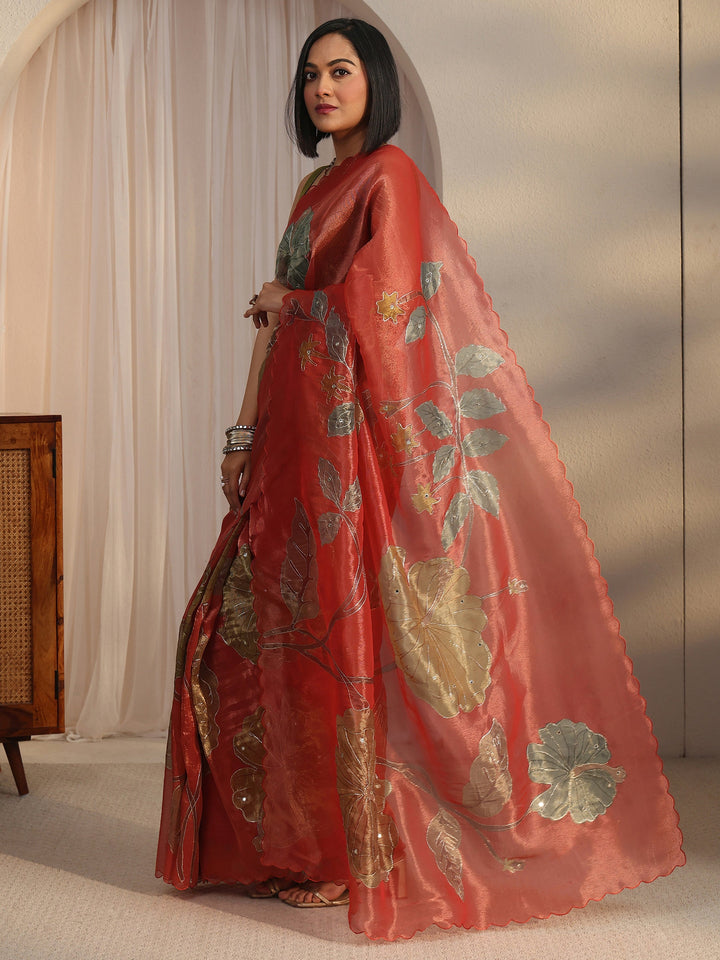 Libas Rust Floral Printed Mirror Work Silk Blend Saree with Scalloped Border