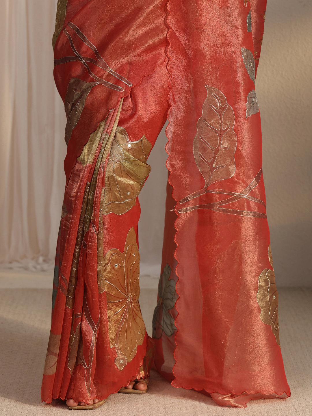 Libas Rust Floral Printed Mirror Work Silk Blend Saree with Scalloped Border