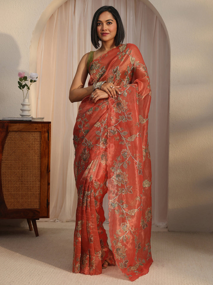 Libas Orange Floral Printed Mirror Work Silk Blend Saree with Scalloped Border