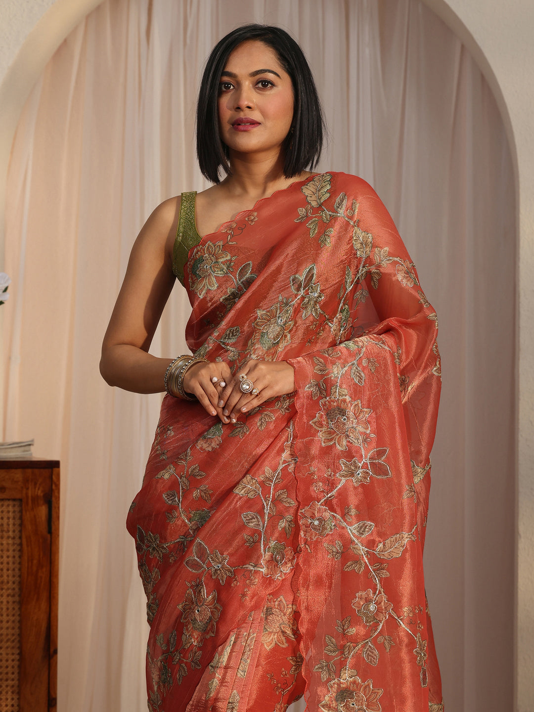 Libas Orange Floral Printed Mirror Work Silk Blend Saree with Scalloped Border