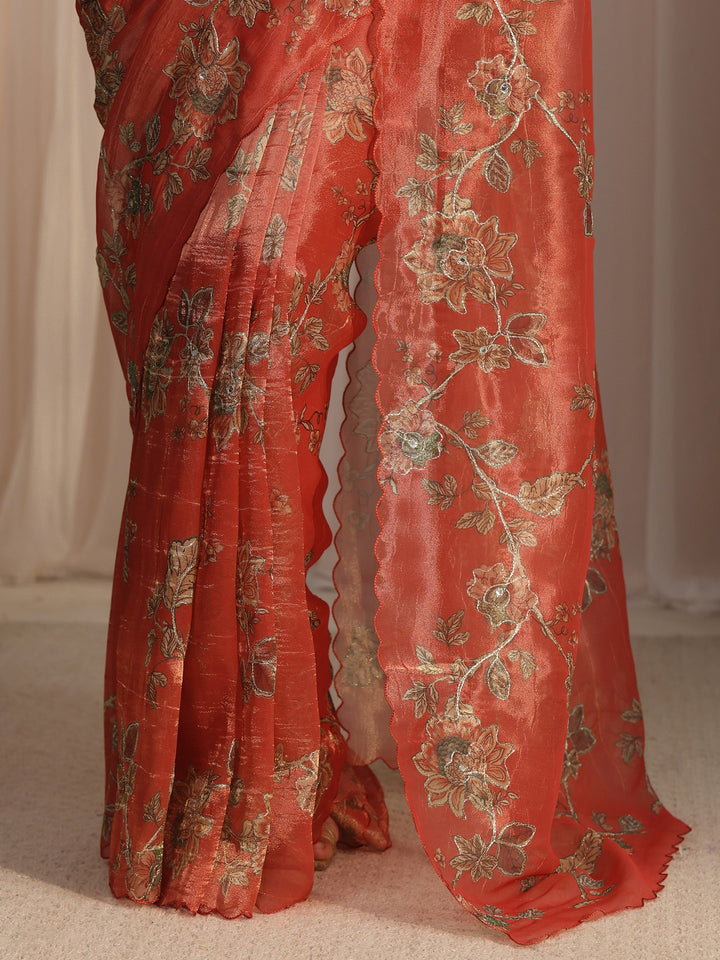 Libas Orange Floral Printed Mirror Work Silk Blend Saree with Scalloped Border