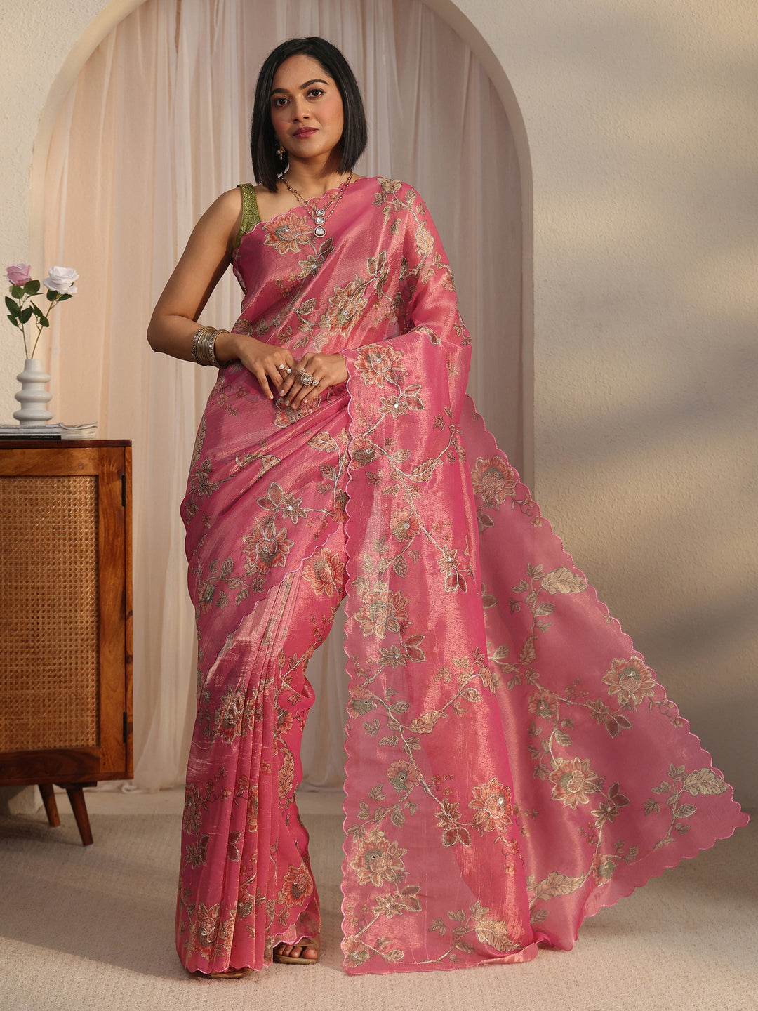 Libas Pink Floral Printed Mirror Work Silk Blend Saree with Scalloped Border