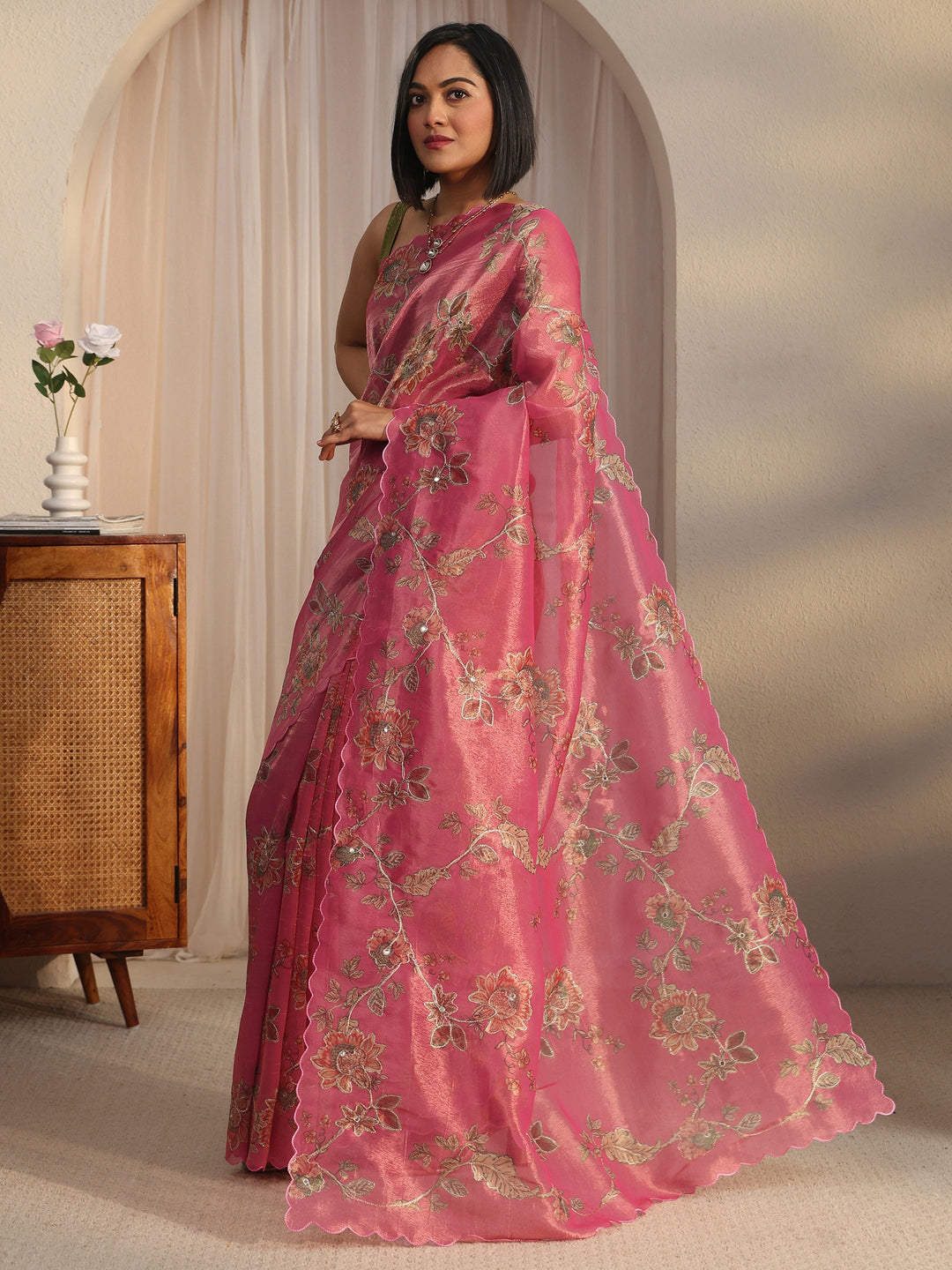 Libas Pink Floral Printed Mirror Work Silk Blend Saree with Scalloped Border