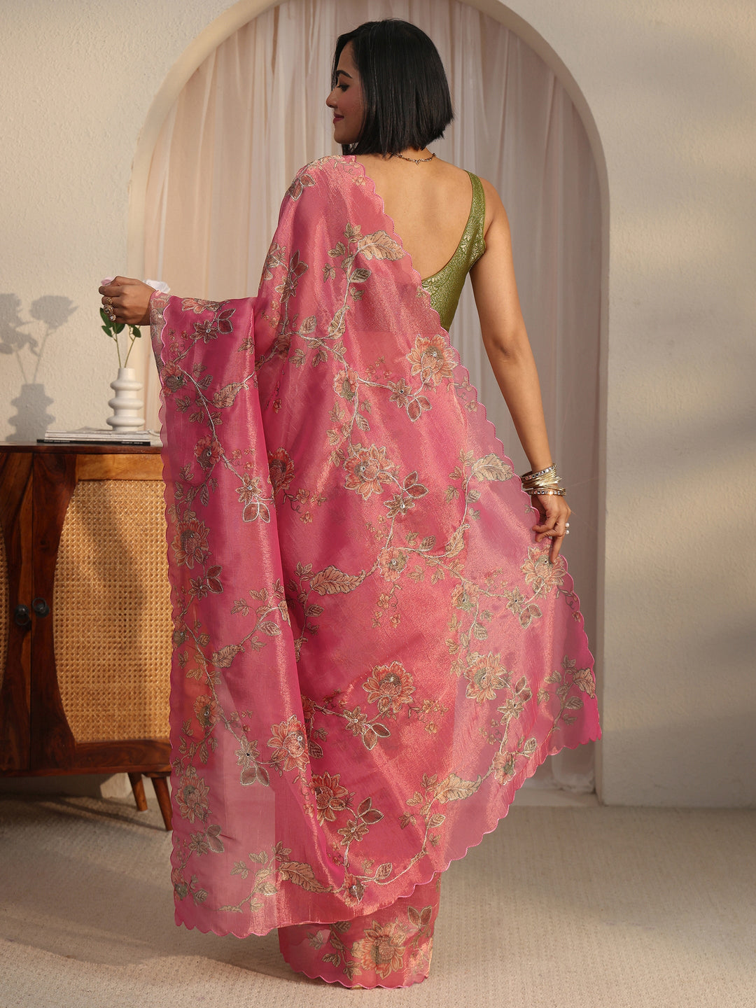 Libas Pink Floral Printed Mirror Work Silk Blend Saree with Scalloped Border