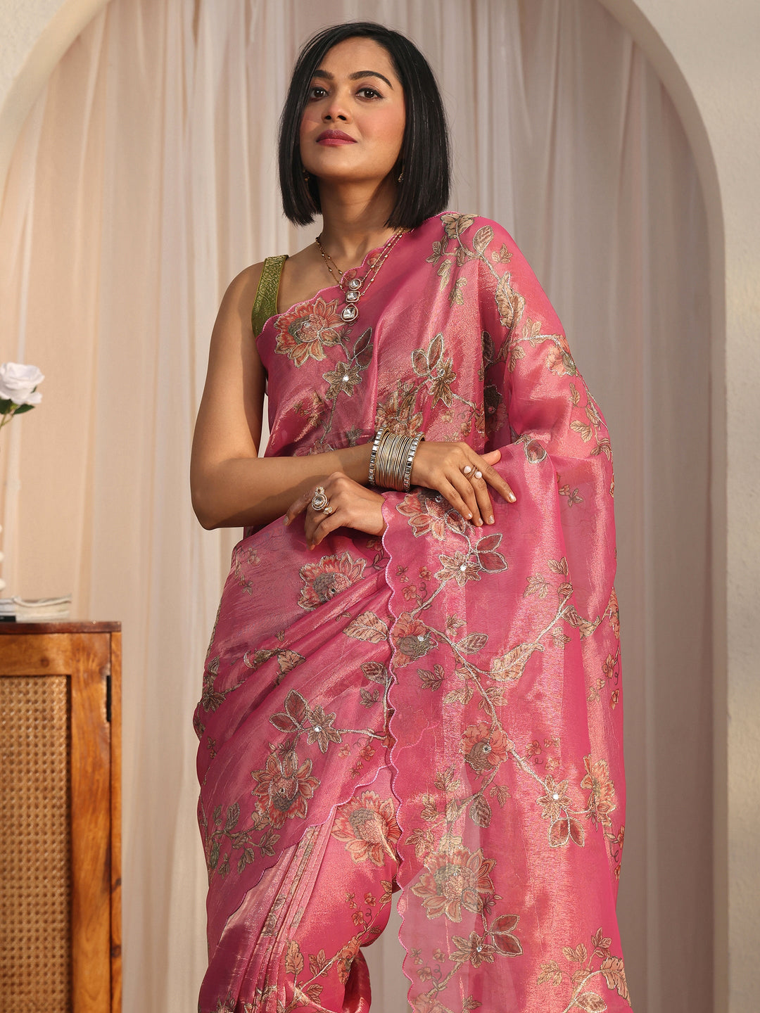 Libas Pink Floral Printed Mirror Work Silk Blend Saree with Scalloped Border