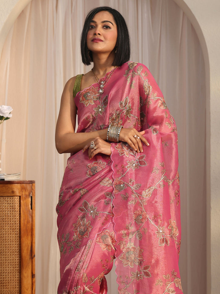 Libas Pink Floral Printed Mirror Work Silk Blend Saree with Scalloped Border