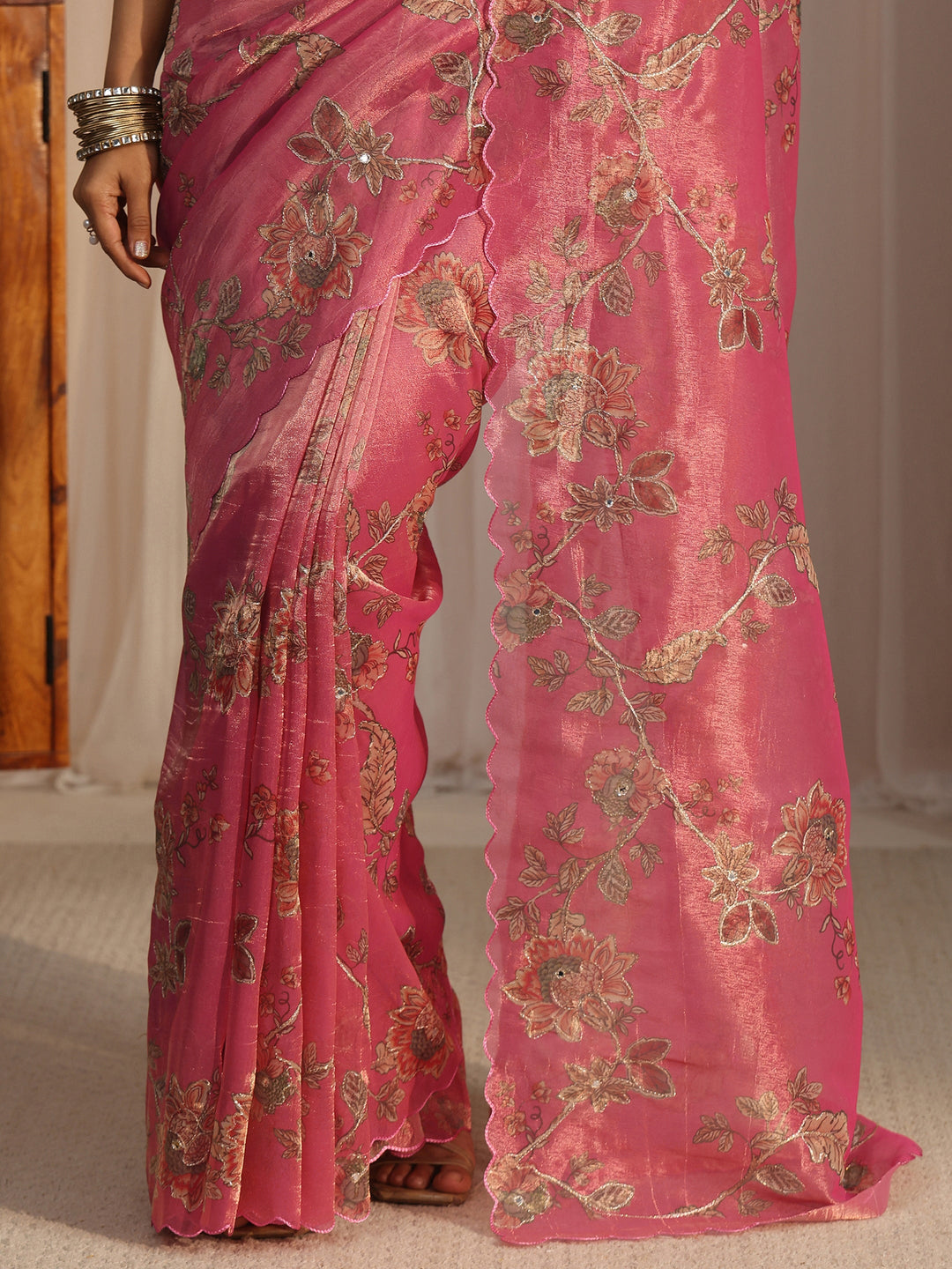 Libas Pink Floral Printed Mirror Work Silk Blend Saree with Scalloped Border