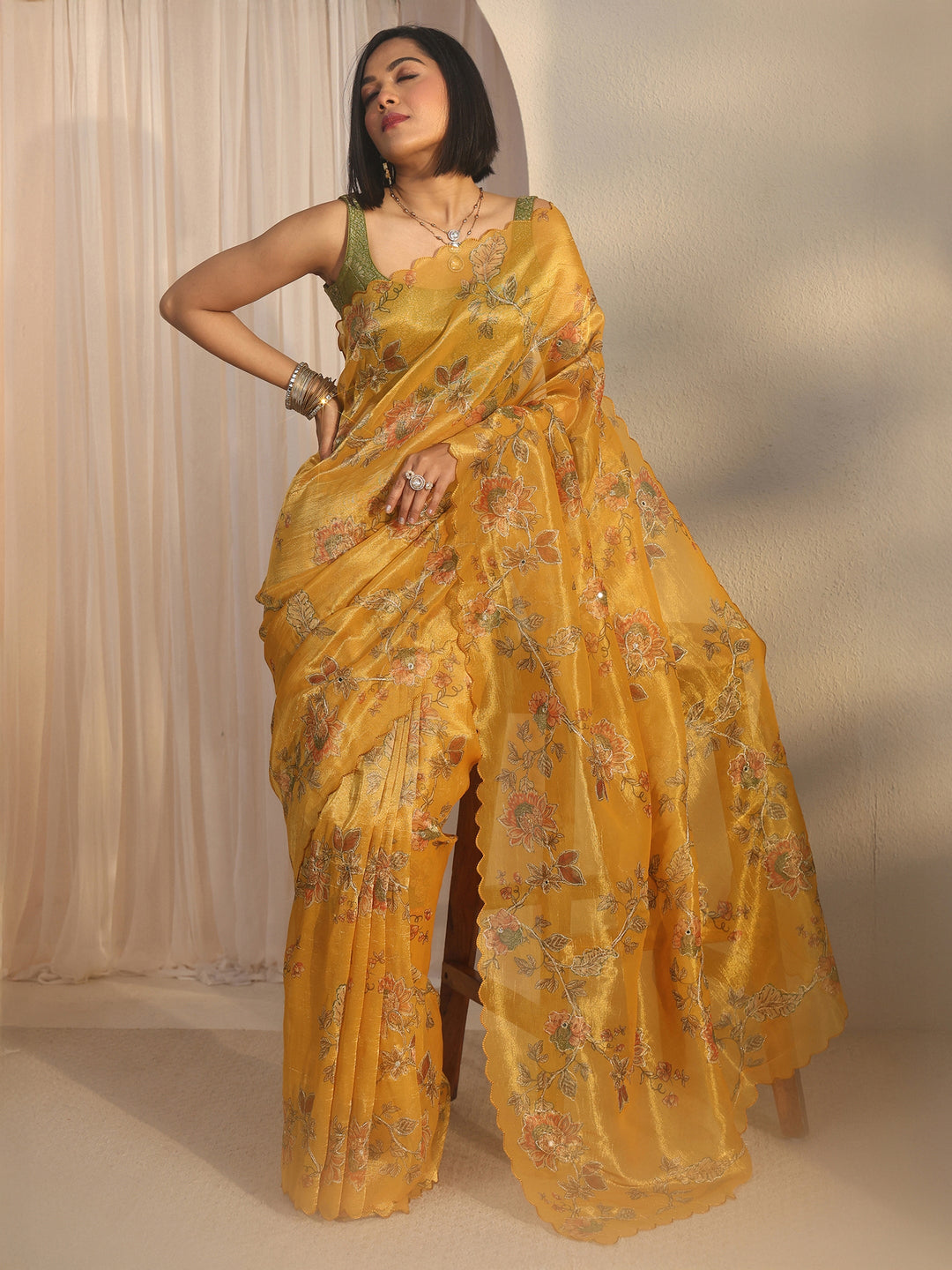 Libas Mustard Floral Printed Mirror Work Silk Blend Saree with Scalloped Border