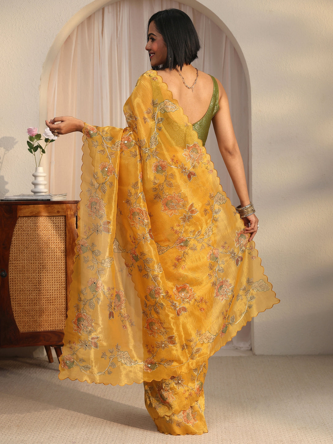 Libas Mustard Floral Printed Mirror Work Silk Blend Saree with Scalloped Border