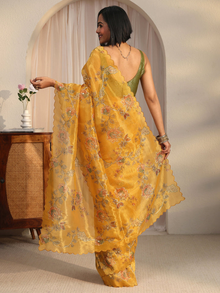 Libas Mustard Floral Printed Mirror Work Silk Blend Saree with Scalloped Border
