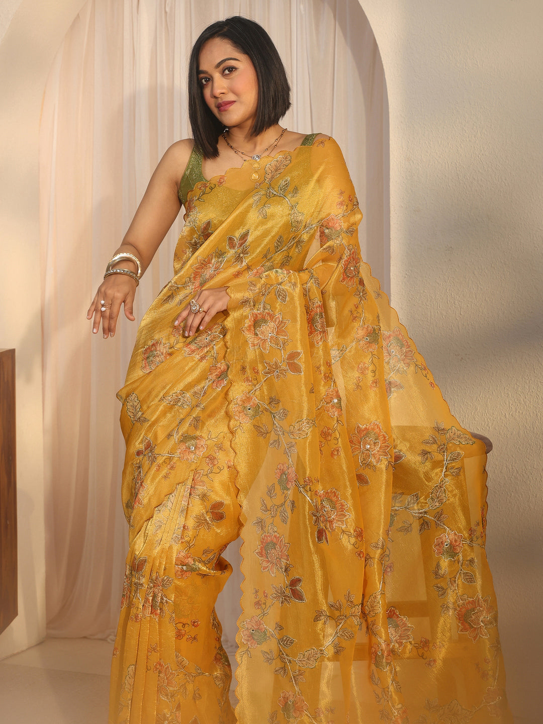 Libas Mustard Floral Printed Mirror Work Silk Blend Saree with Scalloped Border