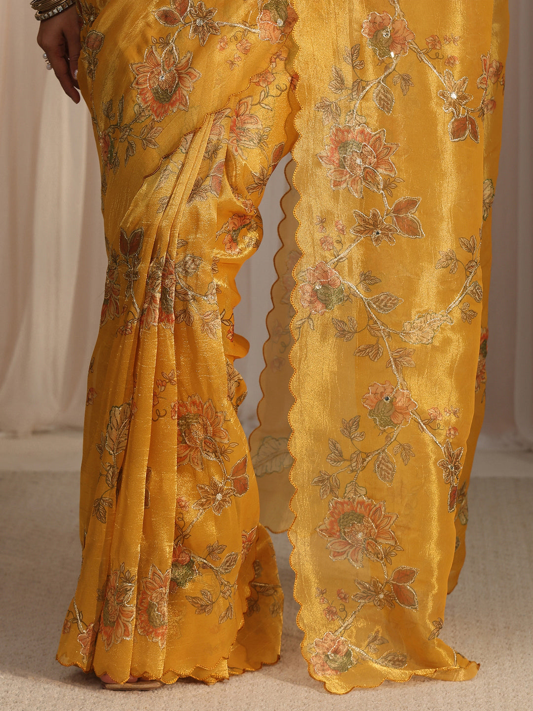 Libas Mustard Floral Printed Mirror Work Silk Blend Saree with Scalloped Border
