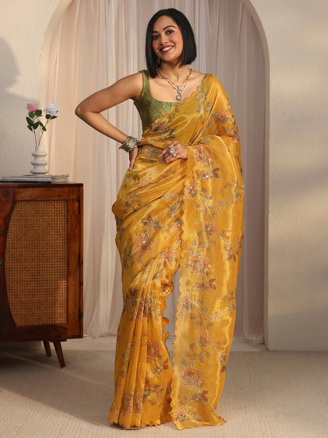 Libas Mustard Floral Printed Mirror Work Silk Blend Saree with Scalloped Border