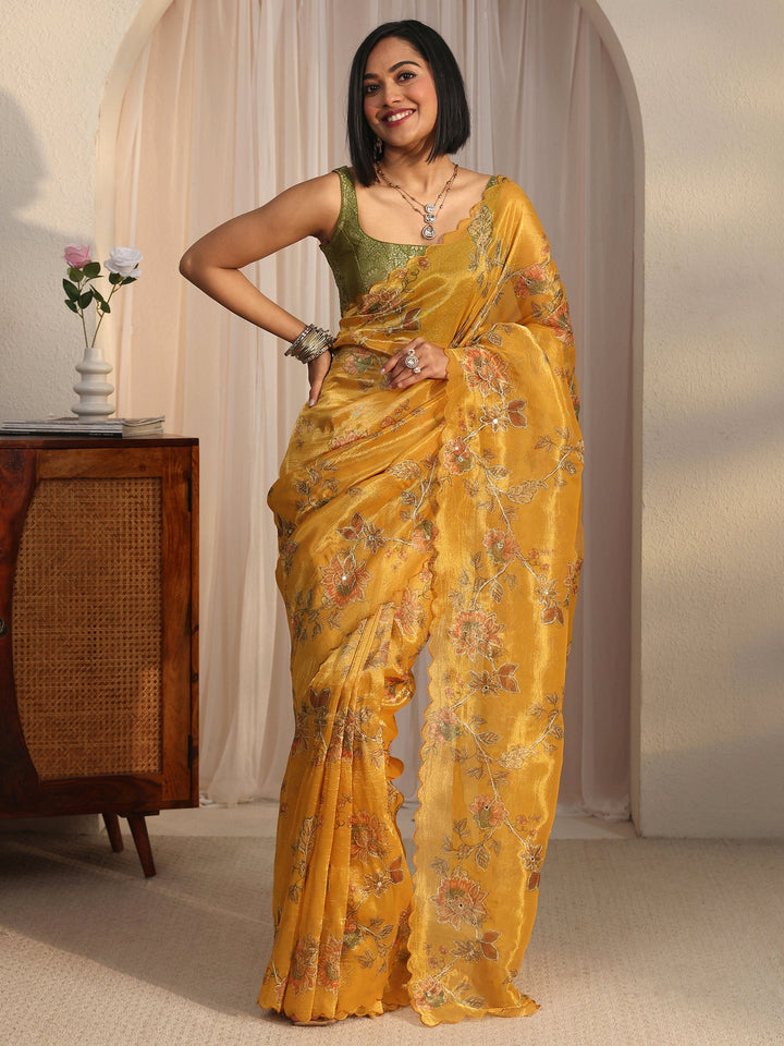 Libas Mustard Floral Printed Mirror Work Silk Blend Saree with Scalloped Border