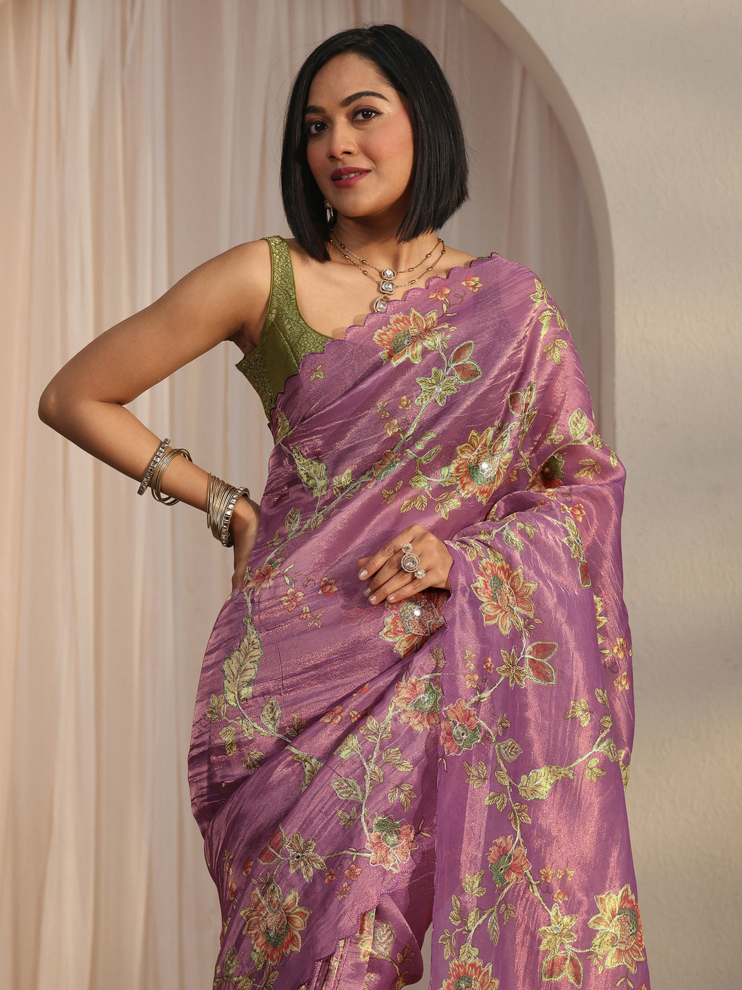 Libas Lavender Floral Printed Mirror Work Silk Blend Saree with Scalloped Border