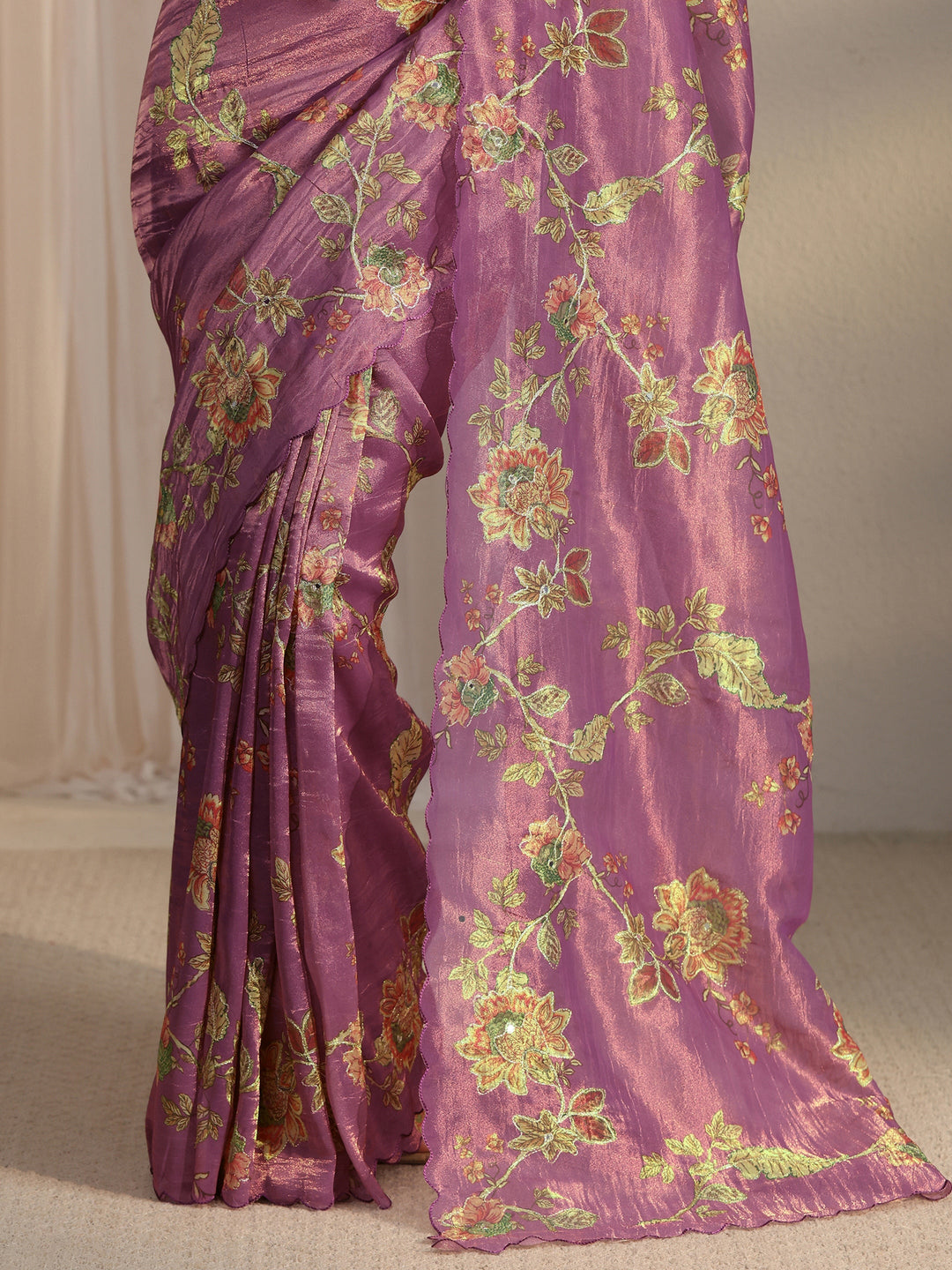Libas Lavender Floral Printed Mirror Work Silk Blend Saree with Scalloped Border