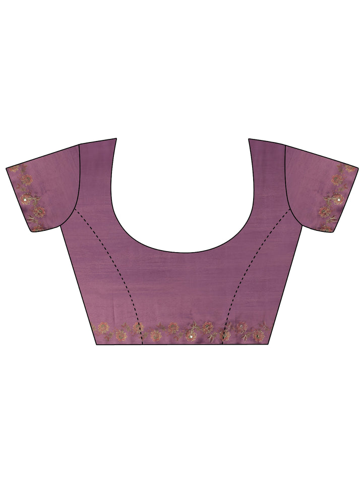 Libas Lavender Floral Printed Mirror Work Silk Blend Saree with Scalloped Border