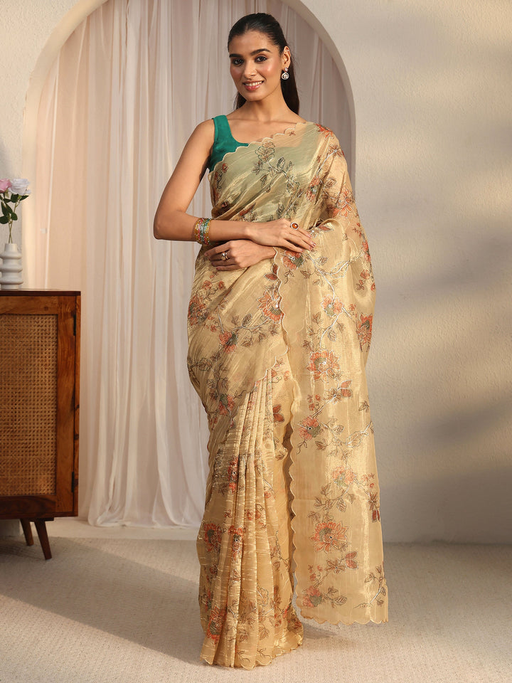 Libas Beige Floral Printed Mirror Work Silk Blend Saree with Scalloped Border