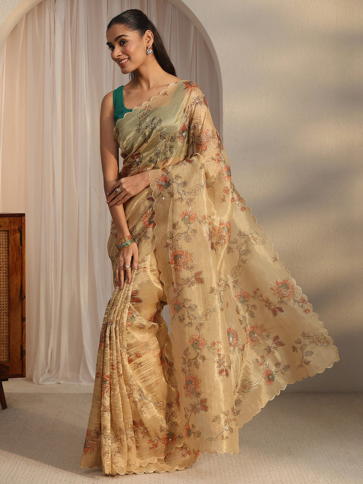 Libas Beige Floral Printed Mirror Work Silk Blend Saree with Scalloped Border