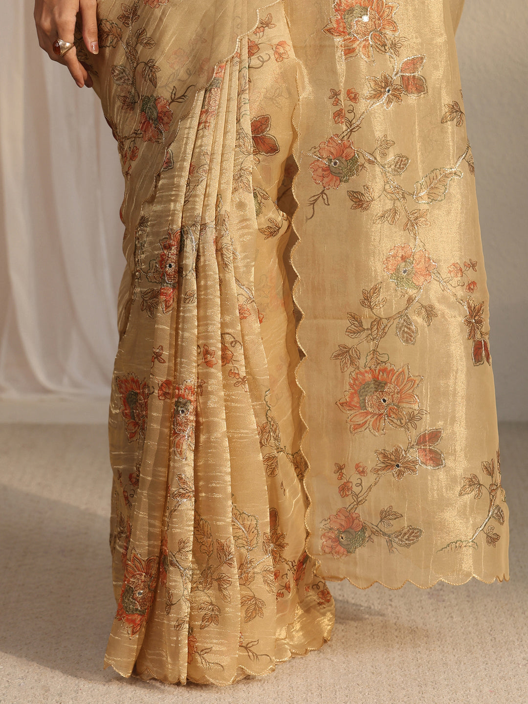 Libas Beige Floral Printed Mirror Work Silk Blend Saree with Scalloped Border