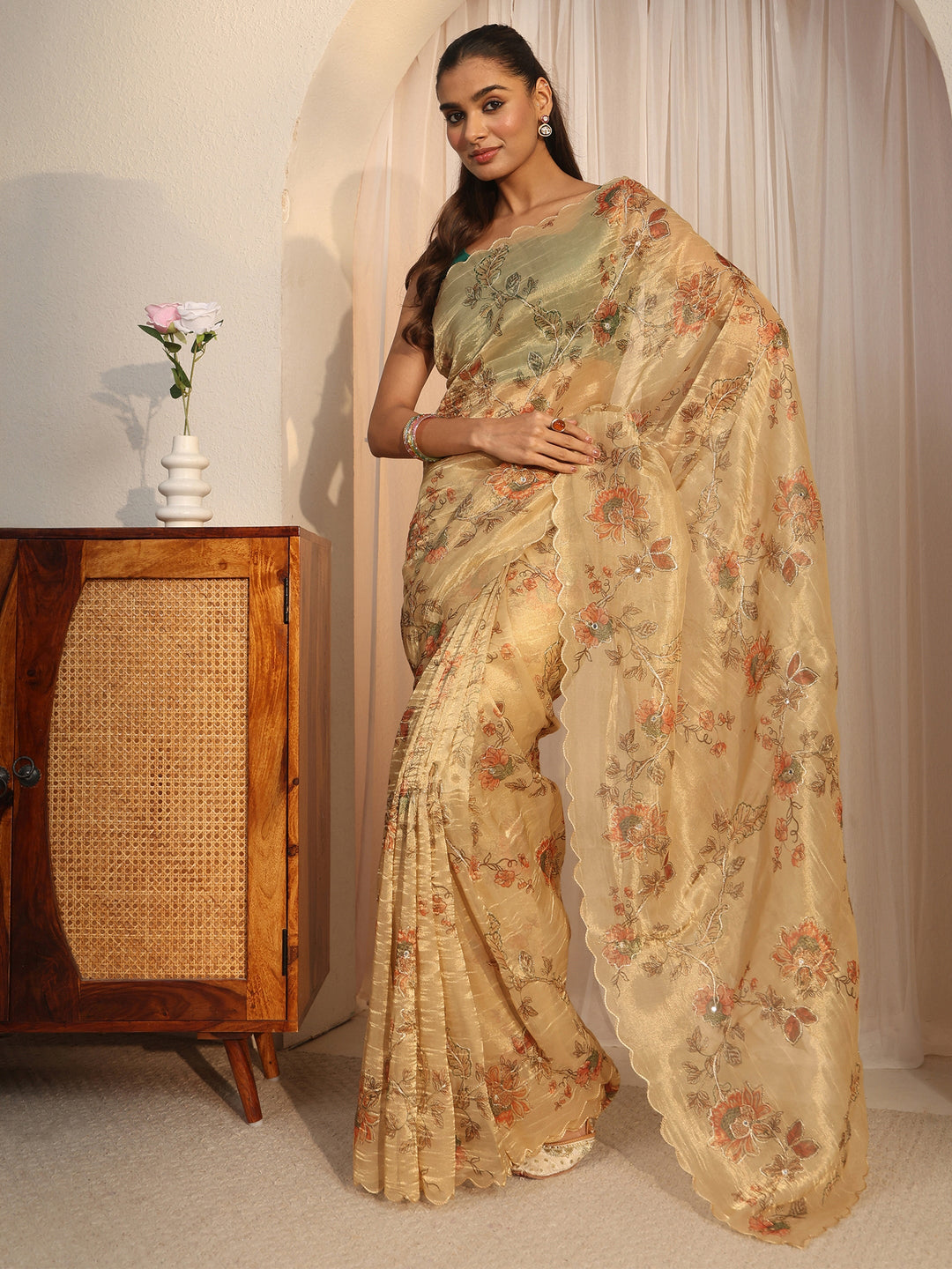 Libas Beige Floral Printed Mirror Work Silk Blend Saree with Scalloped Border