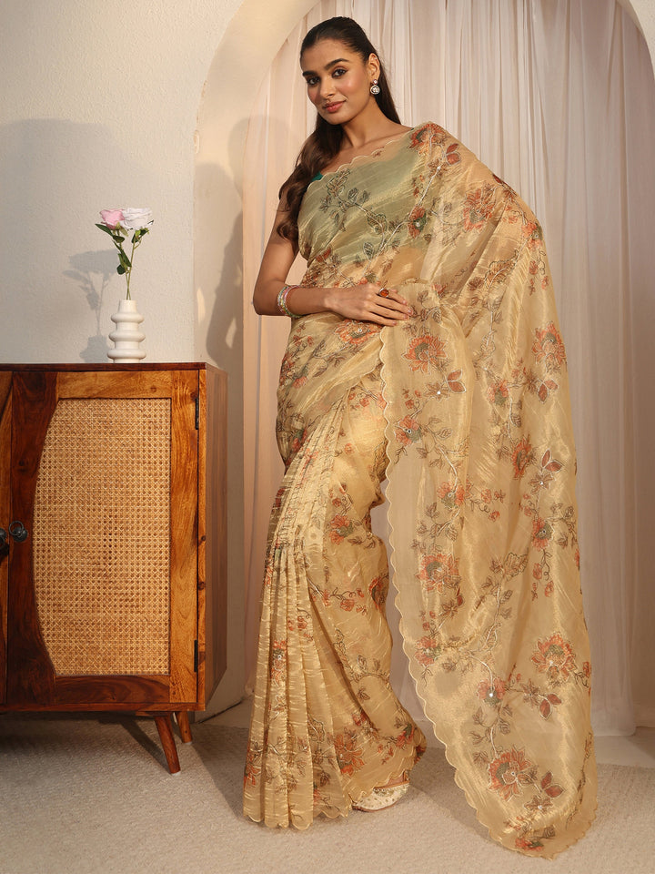 Libas Beige Floral Printed Mirror Work Silk Blend Saree with Scalloped Border