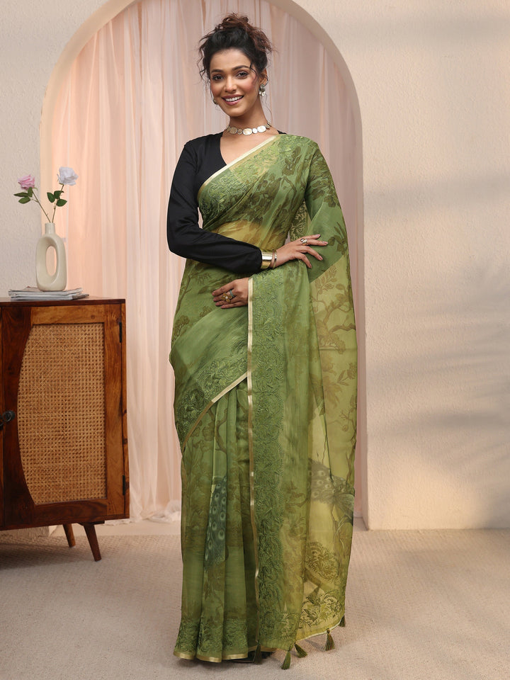 Libas Green Floral Printed Organza Tassel Saree