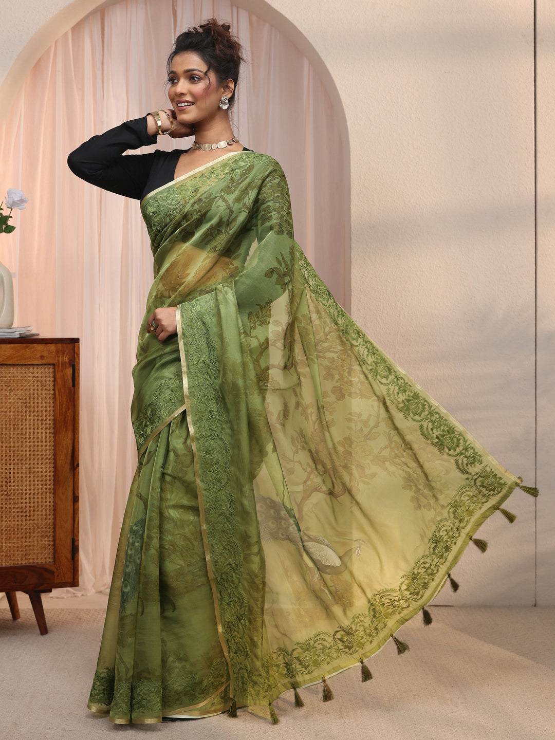 Libas Green Floral Printed Organza Tassel Saree