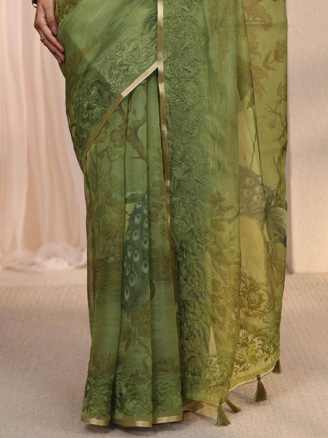 Libas Green Floral Printed Organza Tassel Saree
