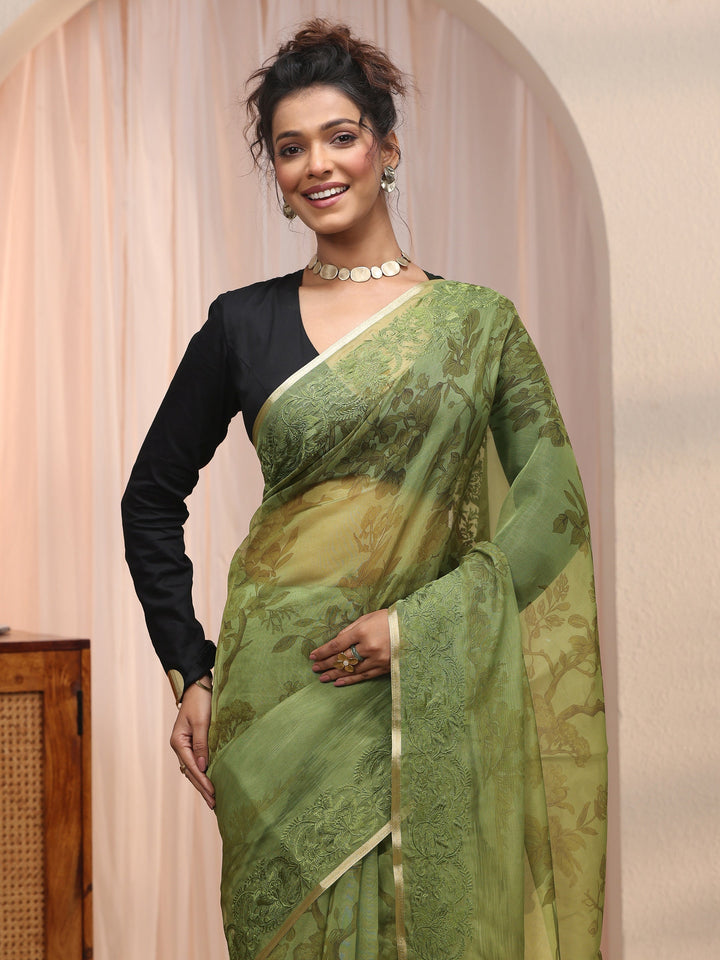 Libas Green Floral Printed Organza Tassel Saree