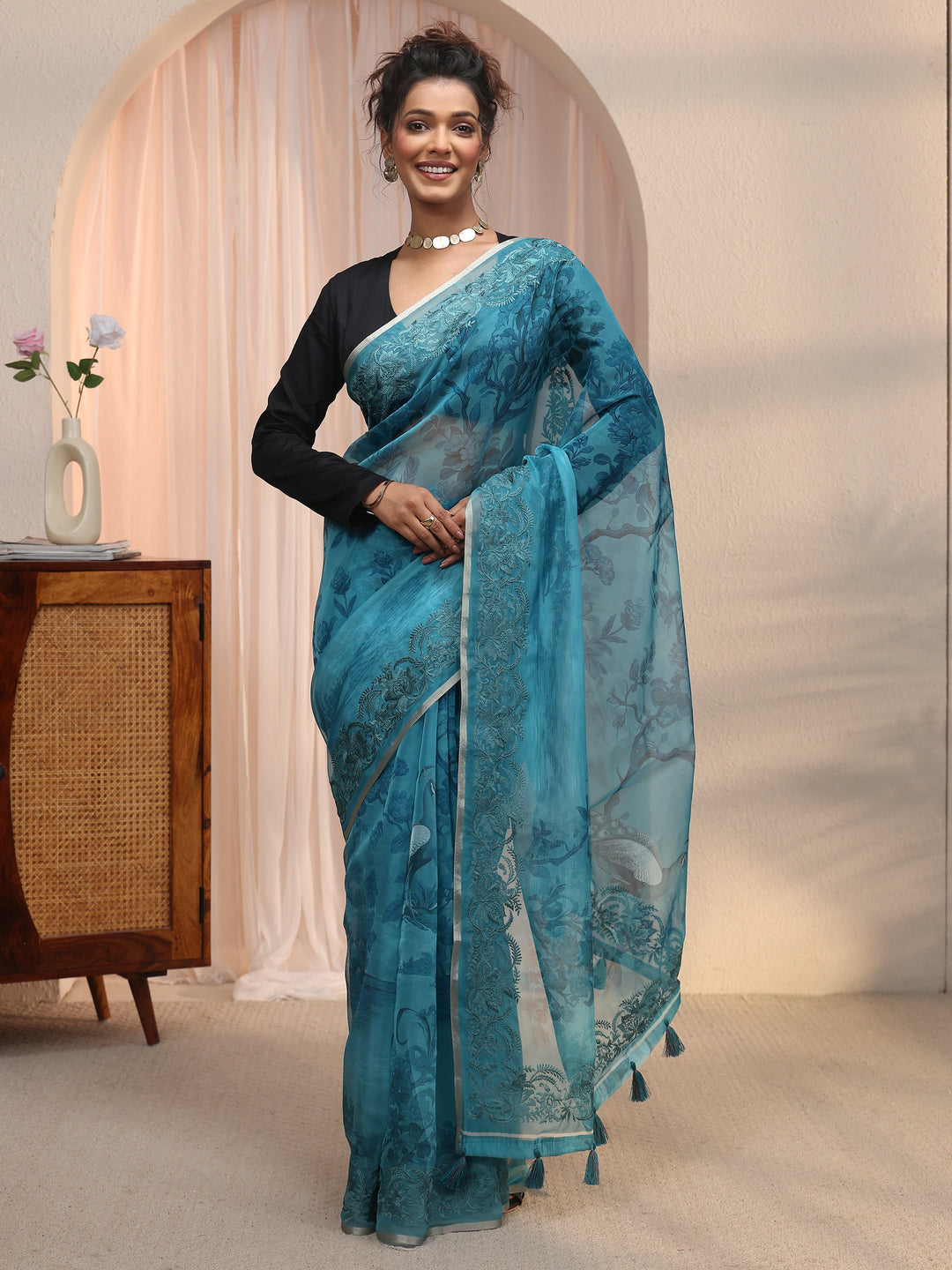 Libas Blue Floral Printed Organza Tassel Saree