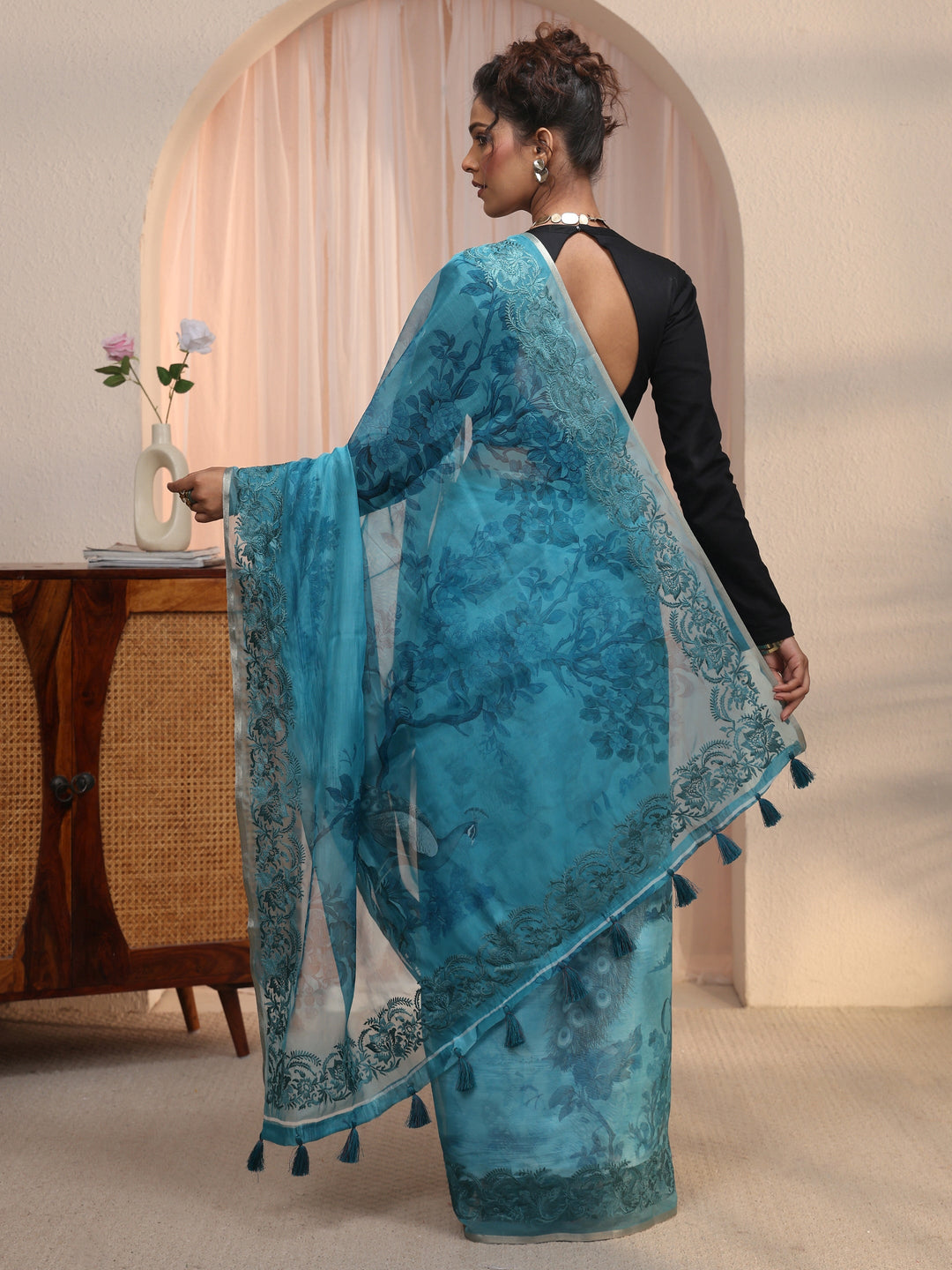 Libas Blue Floral Printed Organza Tassel Saree