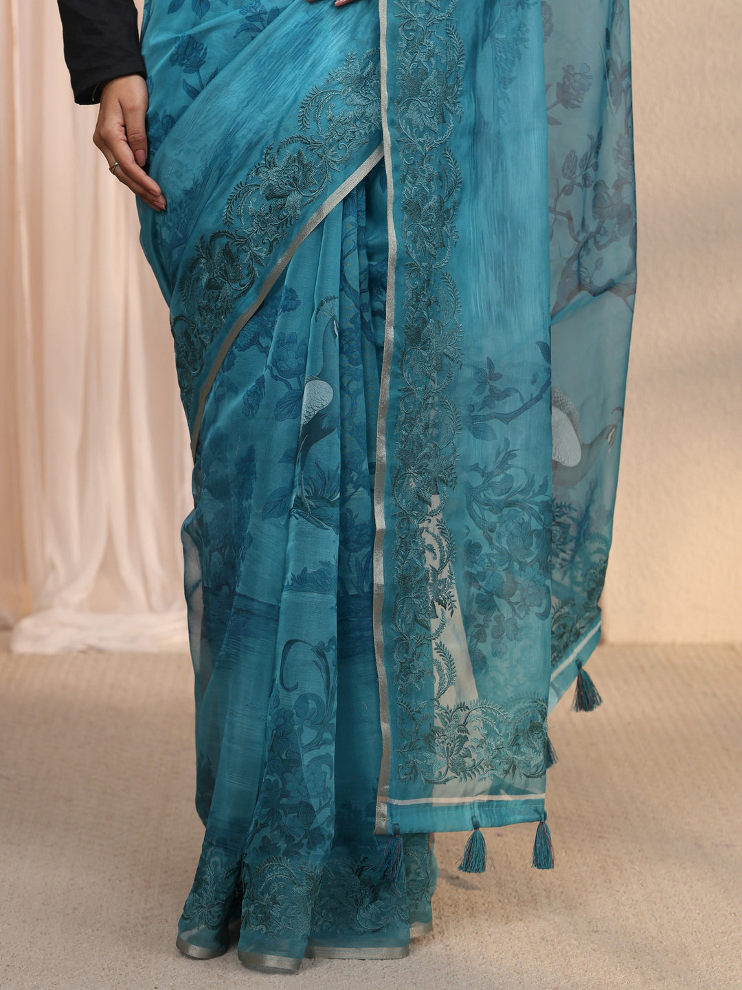 Libas Blue Floral Printed Organza Tassel Saree