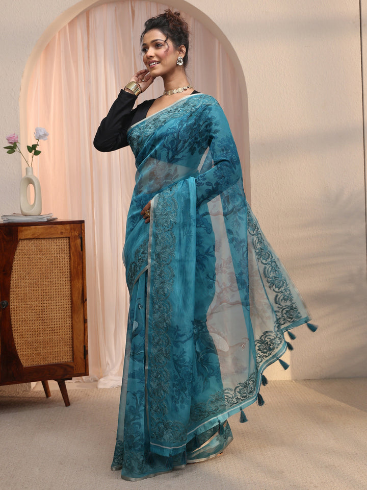 Libas Blue Floral Printed Organza Tassel Saree