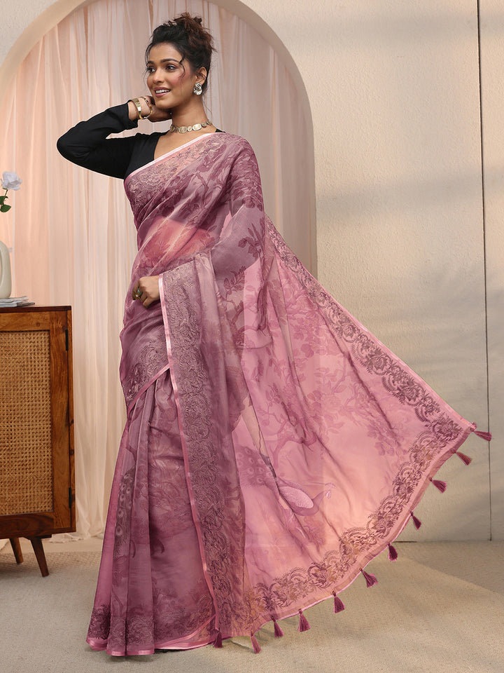 Libas Mauve Printed Organza Tassel Saree with Embroidered Border
