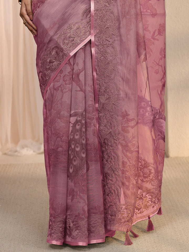 Libas Mauve Printed Organza Tassel Saree with Embroidered Border
