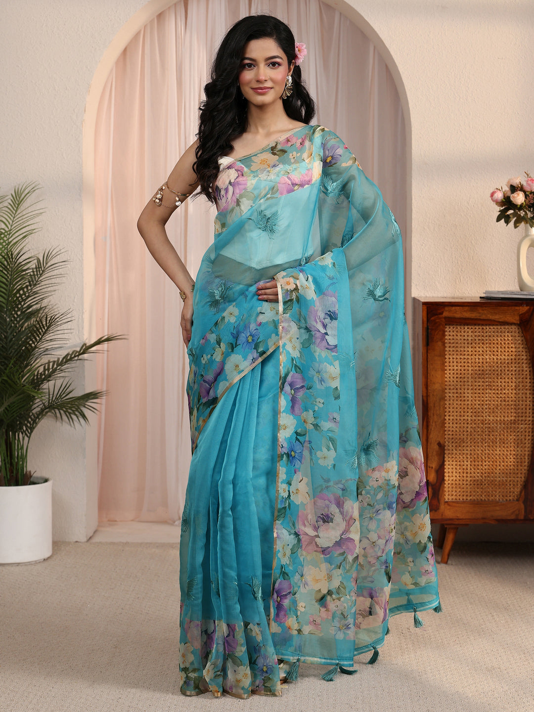 Libas Blue Floral Printed Organza Tassel Saree