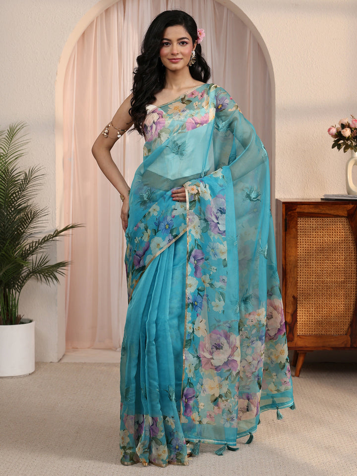Libas Blue Floral Printed Organza Tassel Saree