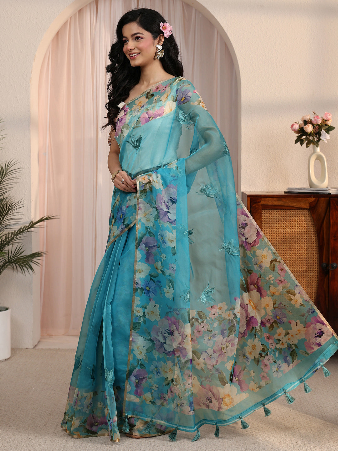 Libas Blue Floral Printed Organza Tassel Saree