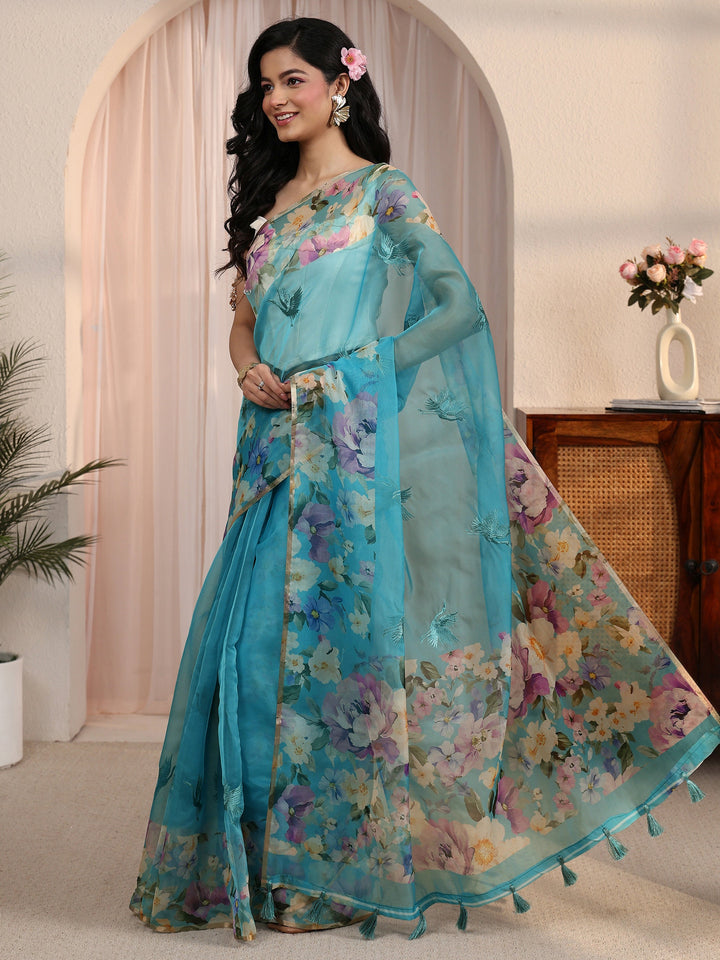 Libas Blue Floral Printed Organza Tassel Saree