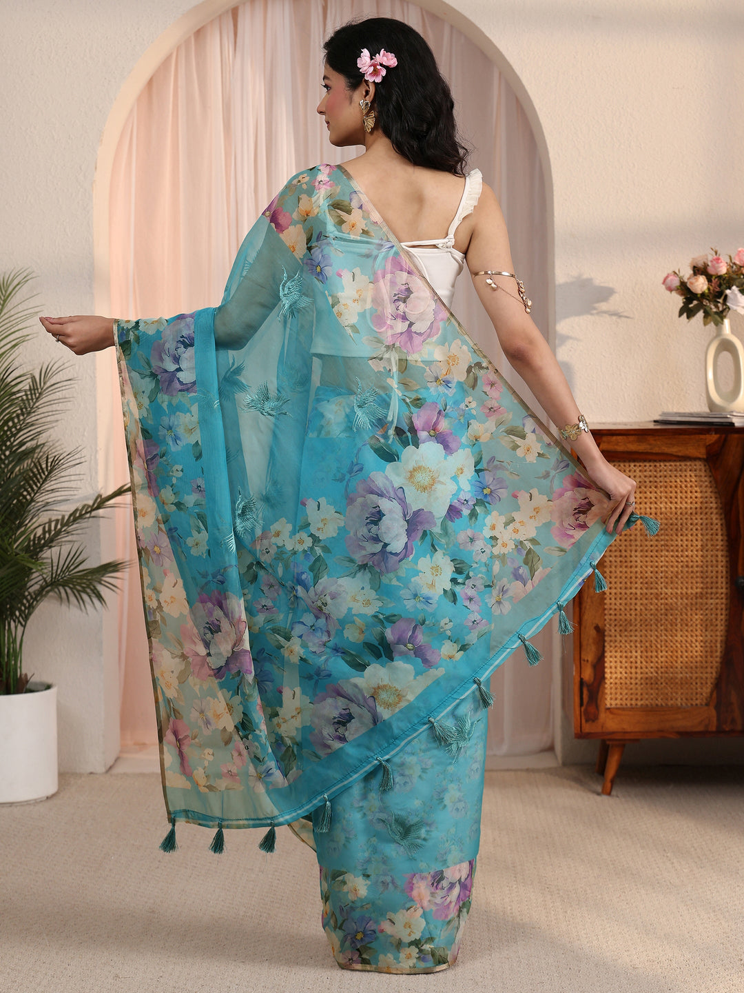 Libas Blue Floral Printed Organza Tassel Saree