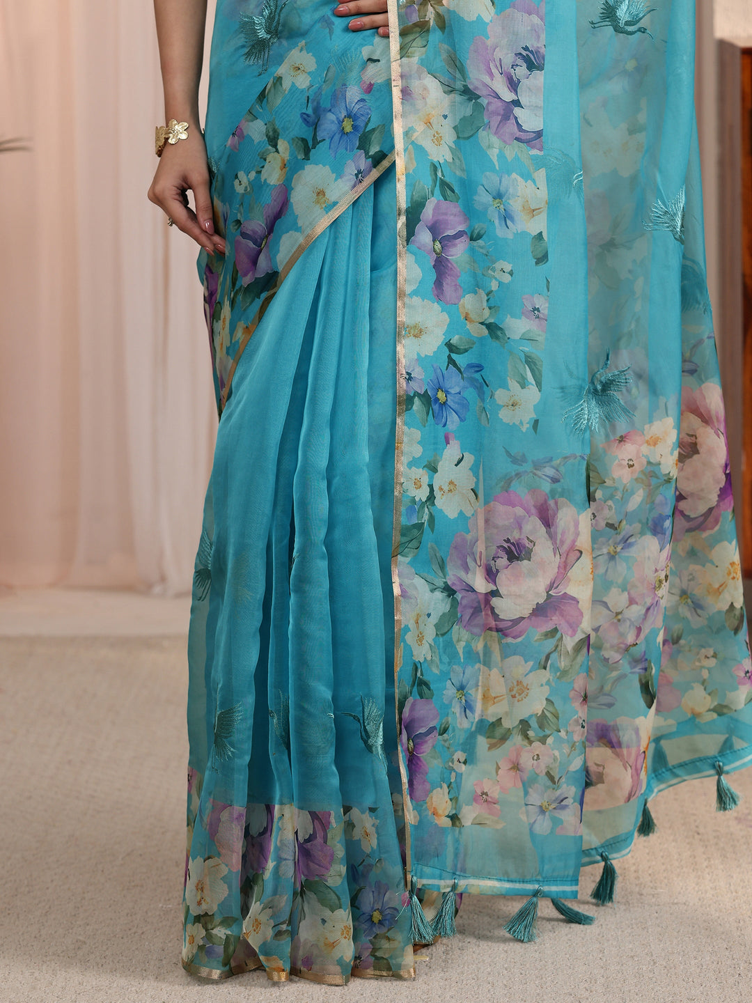 Libas Blue Floral Printed Organza Tassel Saree