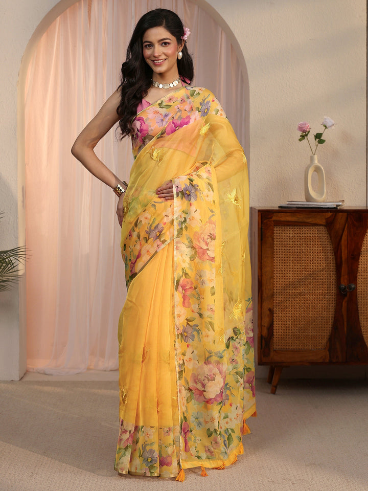 Libas Yellow Floral Printed Organza Tassel Saree