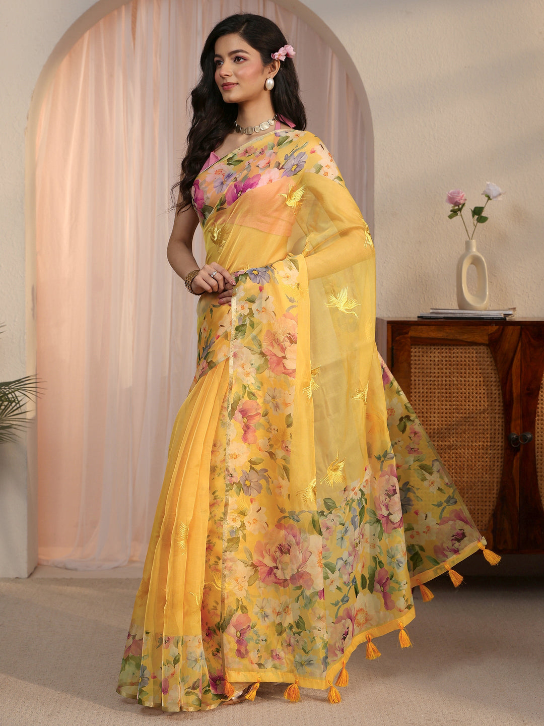 Libas Yellow Floral Printed Organza Tassel Saree
