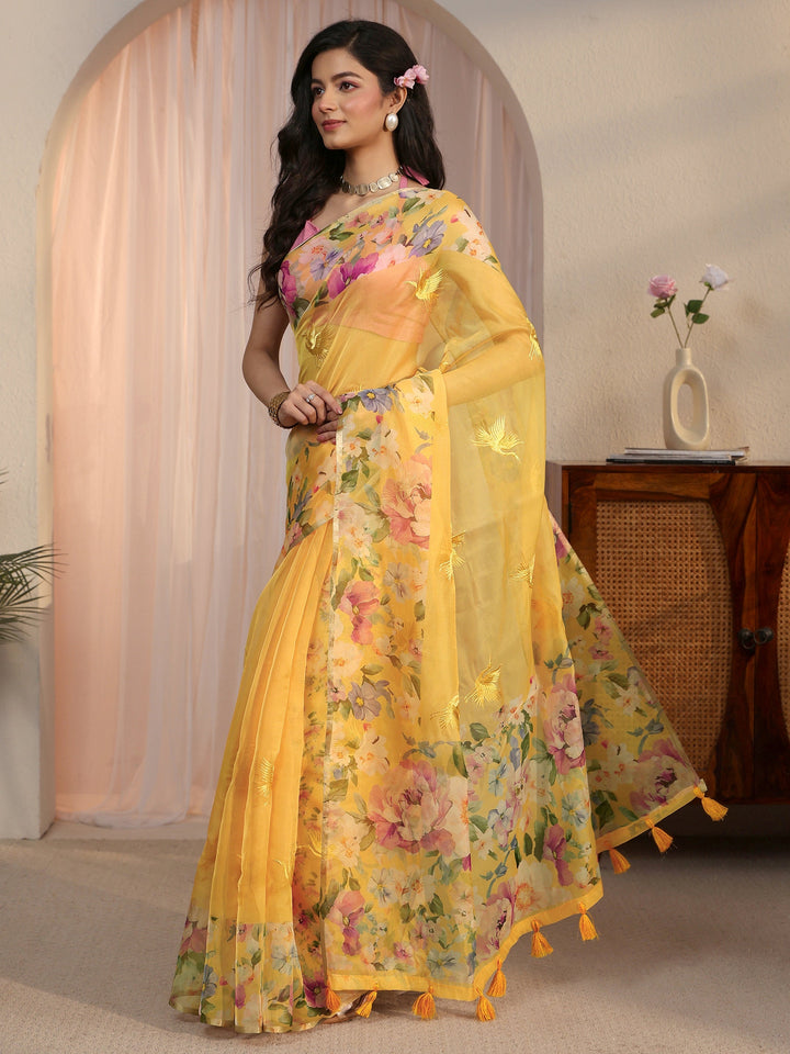 Libas Yellow Floral Printed Organza Tassel Saree