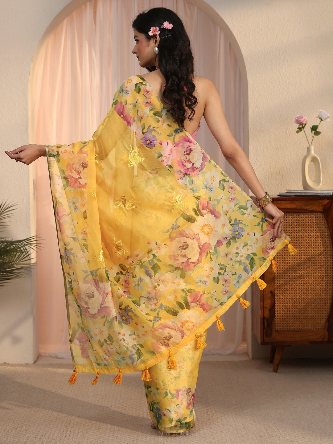 Libas Yellow Floral Printed Organza Tassel Saree